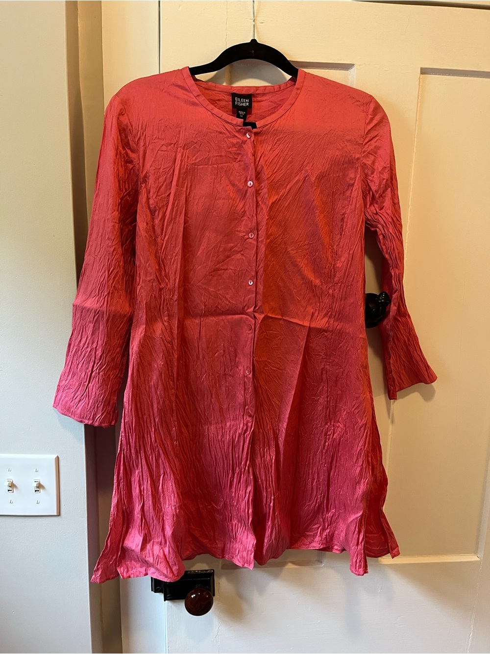 Eileen Fisher Washed 100% Silk Taffeta Rose Button Down Tunic Top Medium